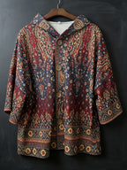Plus Size, European and American Vintage Style Plus-Size Hooded Sweatshirt with Paisley Print and Wooden Button Cardigan Design. Loose Batwing Sleeves Conceal and Slim the Figure, Ethnic Style Couple's Outerwear, Showcasing Bohemian Fashion Charm - Multicolor 1