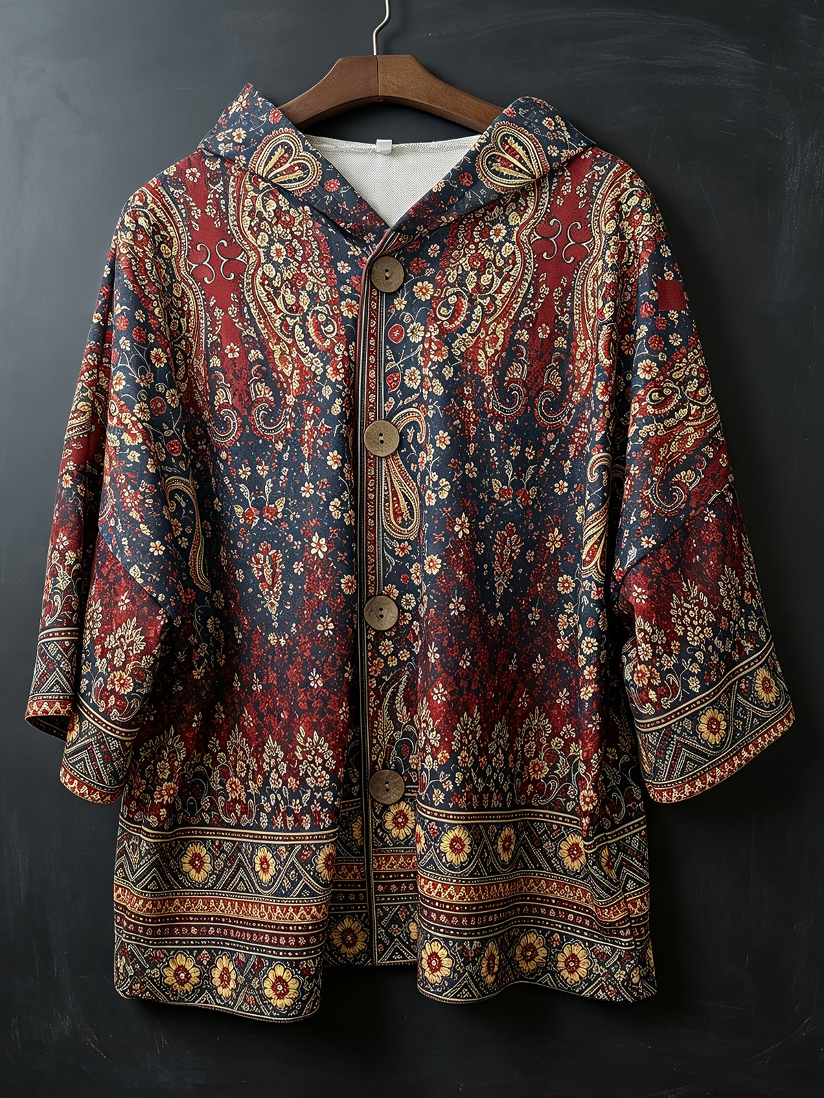 Plus Size, European and American Vintage Style Plus-Size Hooded Sweatshirt with Paisley Print and Wooden Button Cardigan Design. Loose Batwing Sleeves Conceal and Slim the Figure, Ethnic Style Couple's Outerwear, Showcasing Bohemian Fashion Charm - Multicolor 1