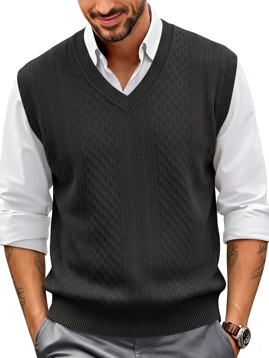 Xingfan OBM Men's Autumn/Winter Light Luxury New Ribbed V-Neck Cable Knit Vest, Rhombus Jacquard Sleeveless Sweater Cardigan, Business Gentleman's Layering Knit Top. Soft and Warm Knitted Fabric, Vintage Three-dimensional Cable Knit Rhombus Texture - Black