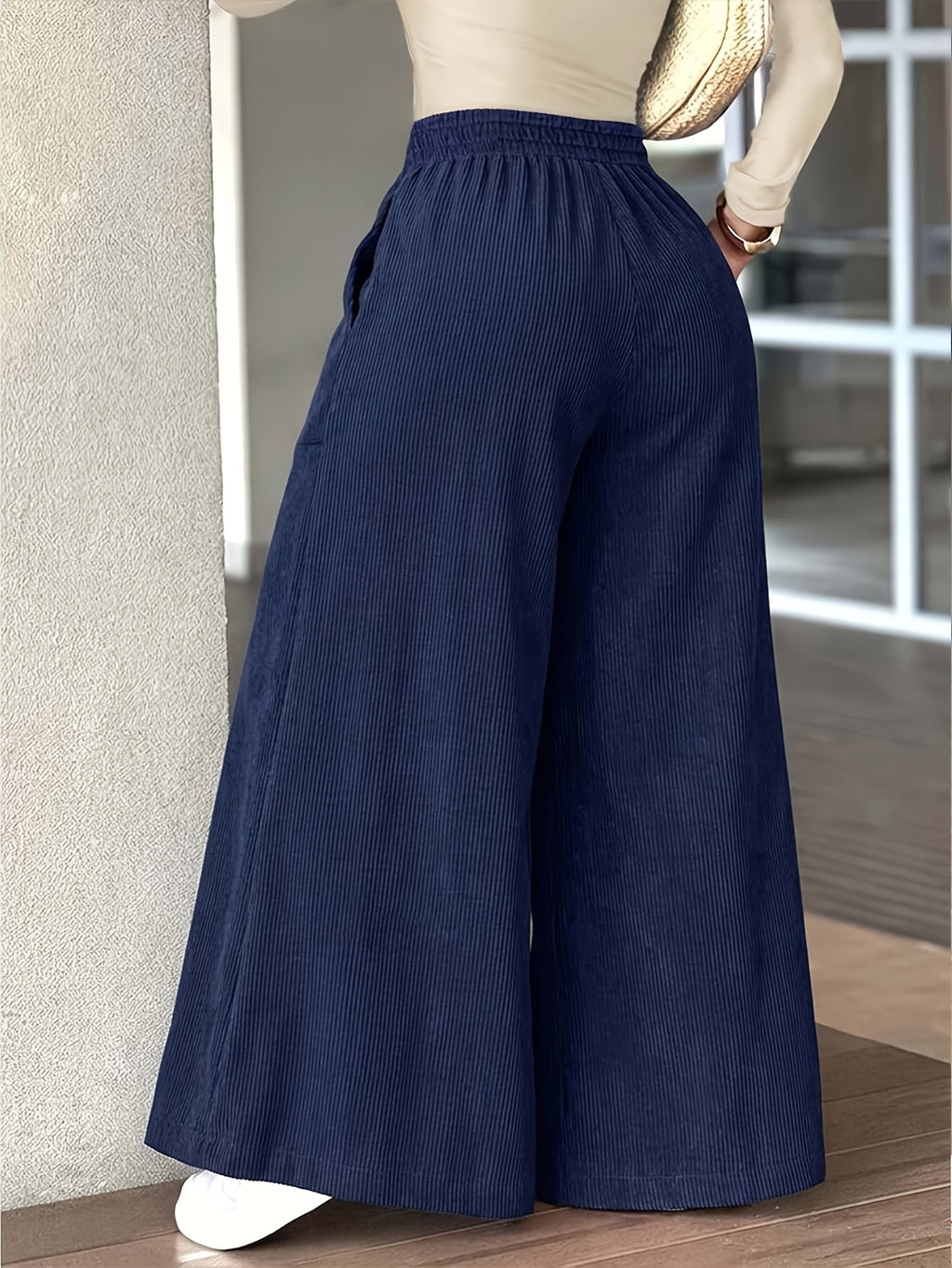 Women's Corduroy Fashion Casual Wide-Leg Pants with Multi Patch Pockets Design, Elegant Loose Straight-Leg Trousers with Nice Drape, High-Waisted Draping Wide-Leg Casual Pants - Navy Color