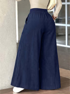 Women's Corduroy Fashion Casual Wide-Leg Pants with Multi Patch Pockets Design, Elegant Loose Straight-Leg Trousers with Nice Drape, High-Waisted Draping Wide-Leg Casual Pants - Navy Color
