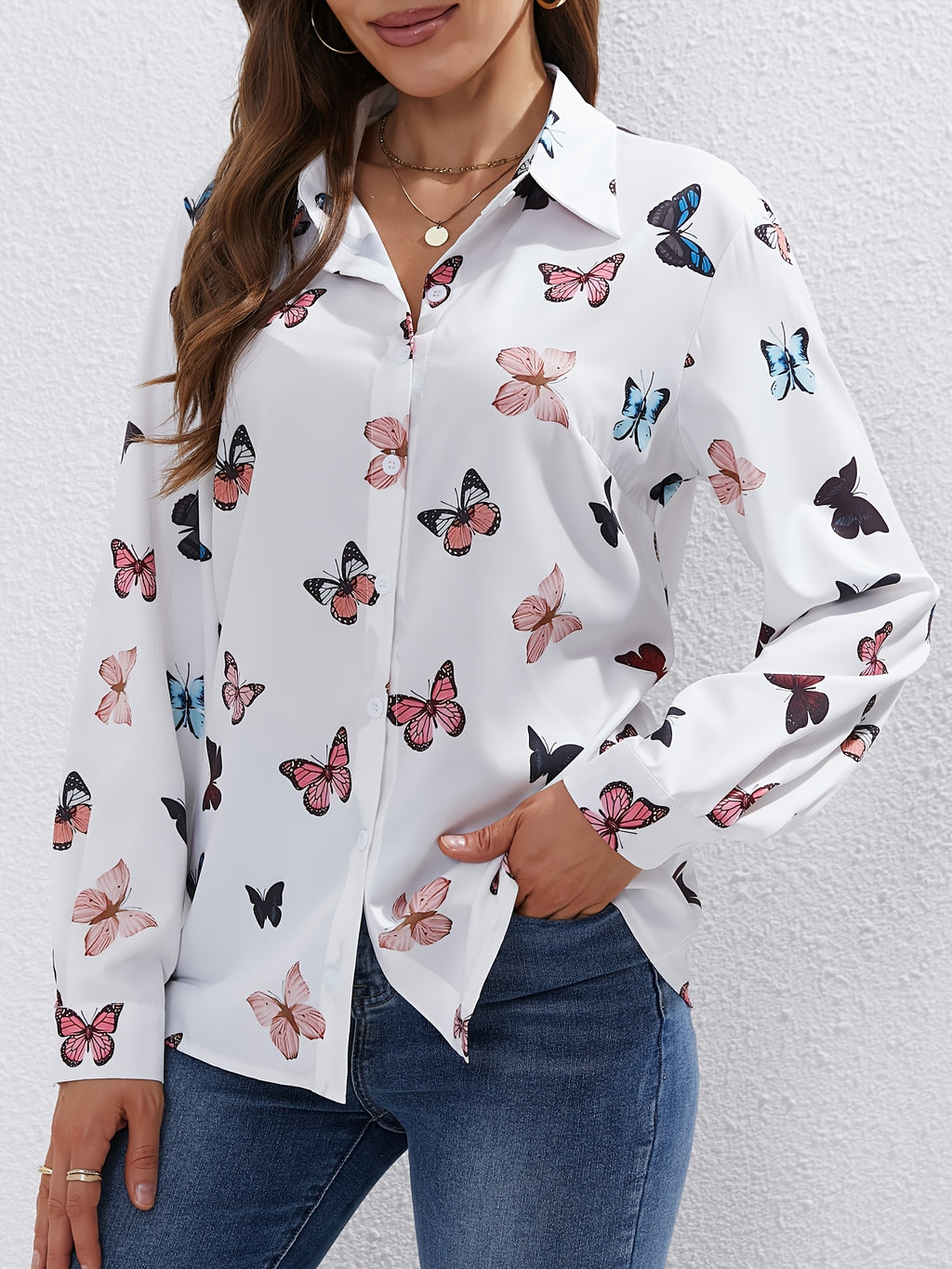 New Elegant and Fashionable Butterfly Print Shirt - White