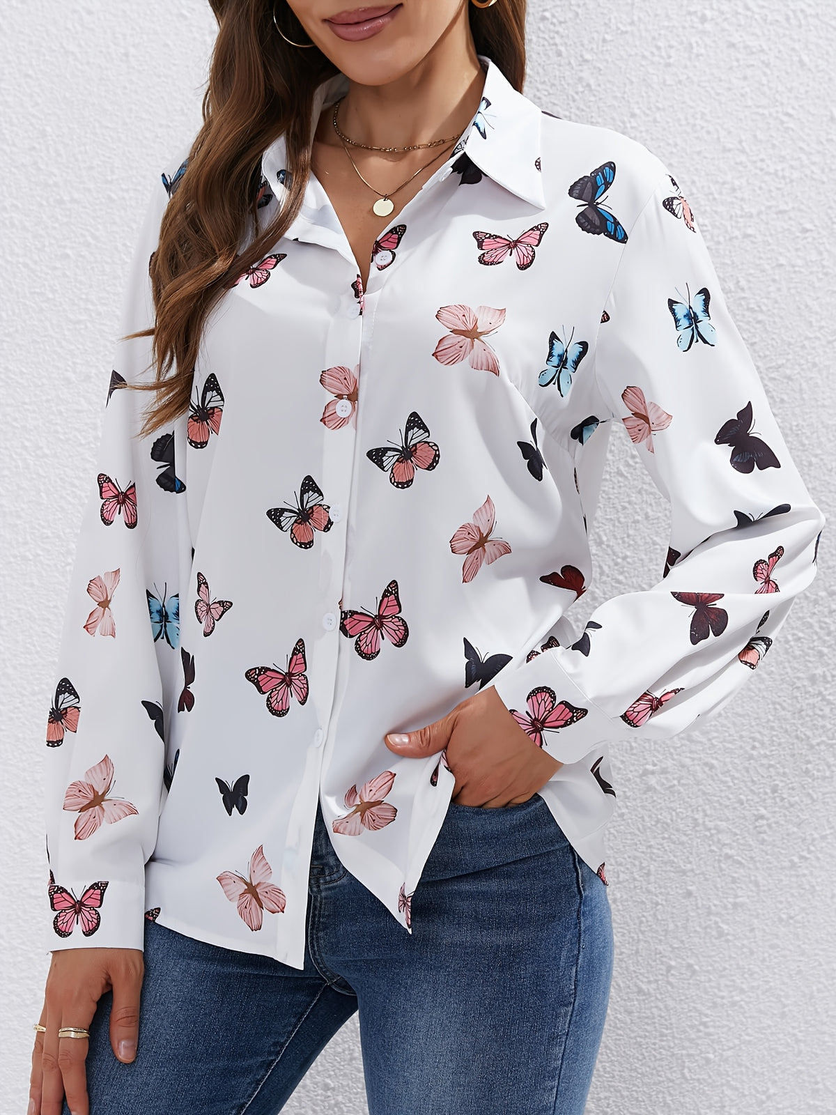 New Elegant and Fashionable Butterfly Print Shirt - White