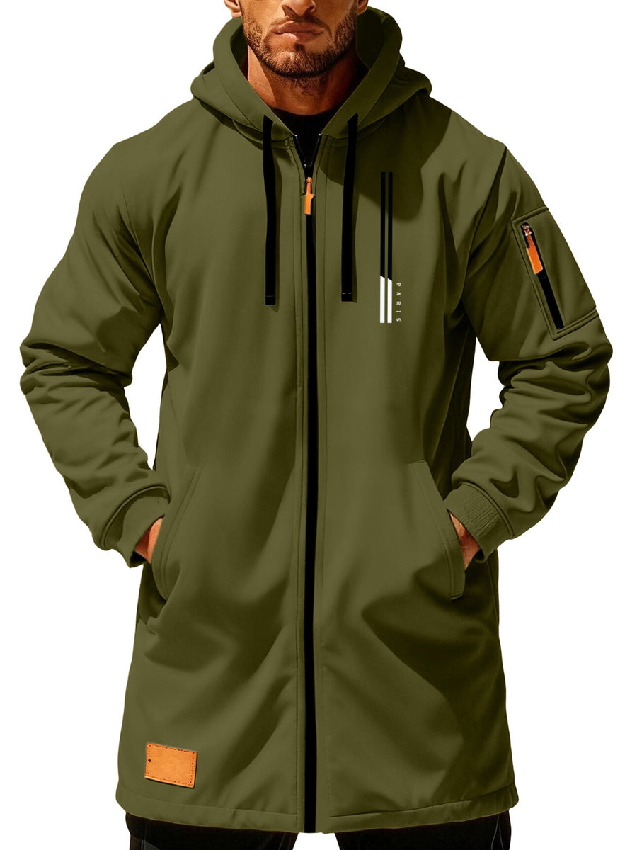 Men'S Casual Hooded Long Jacket PARIS Striped Logo Print Side Seam Zipper Detail Leather Decorative Label Drawstring Hat Collar Loose Daily Windproof Coat, Autumn Essentials - fern green