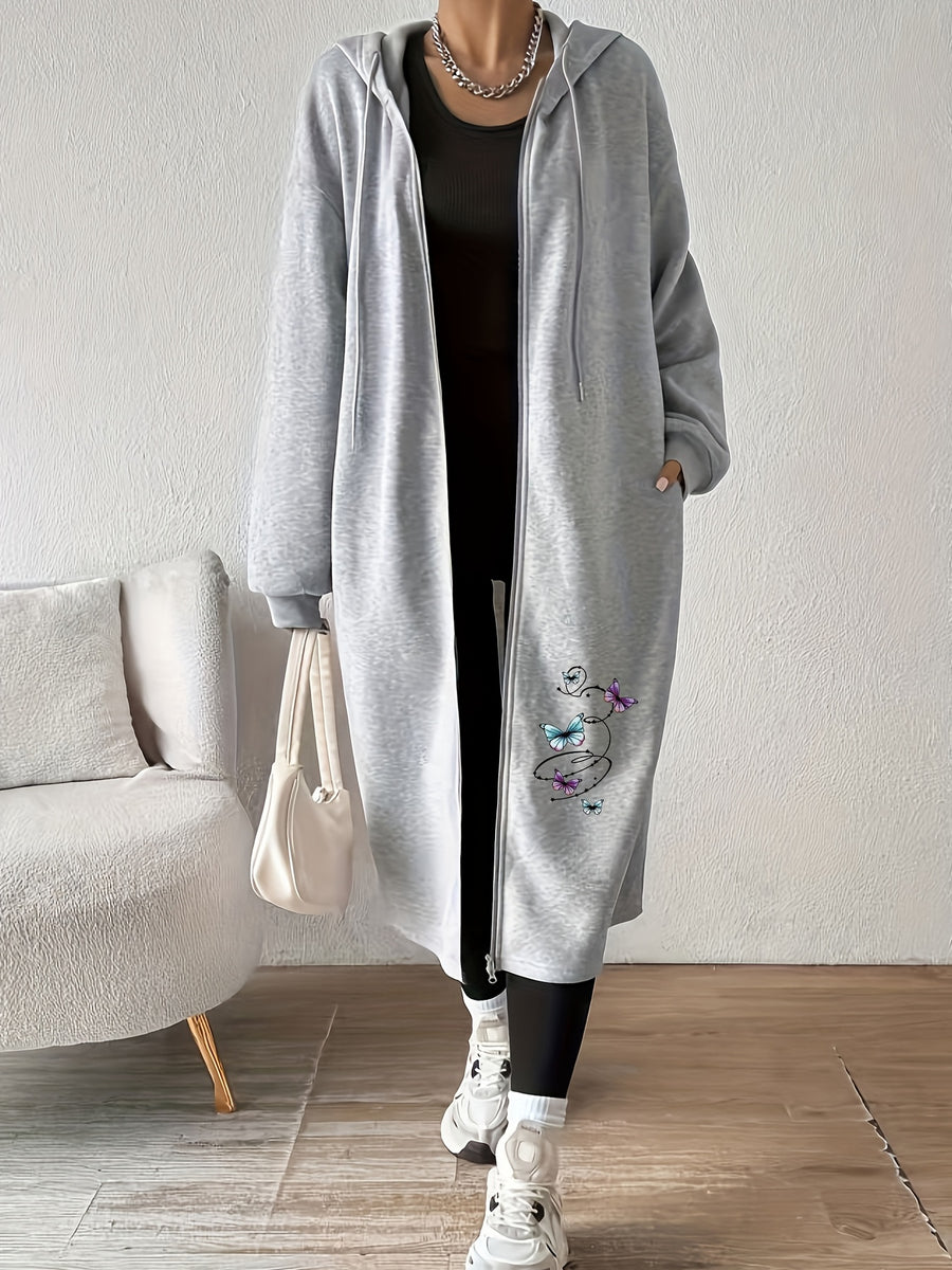 Women's Fashion Color-Block Zip-Up Jacket with Butterfly Pattern Print - Light Grey