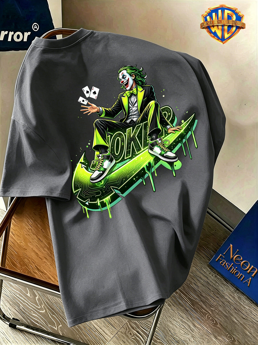Warner Bros. Official Licensed Men'S Short Sleeve T-Shirt, DC Authentic Cyber Trendy Joker Print, American Retro Street Style Design, Spring/Summer Top, Regular Fit, Suitable for Outdoor, Fitness, Office, And Casual Wear - Dark Gray