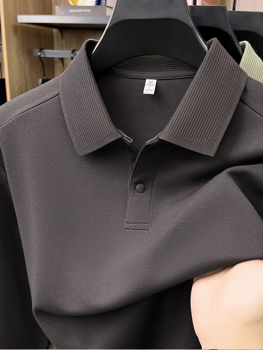 Men'S Lapel Long Sleeve Polo Shirt, 2-Button Design, Ribbed Polo Collar, Suitable for Commute And Casual Wear, Can Be Worn Inside Or Outside - Coffee Color