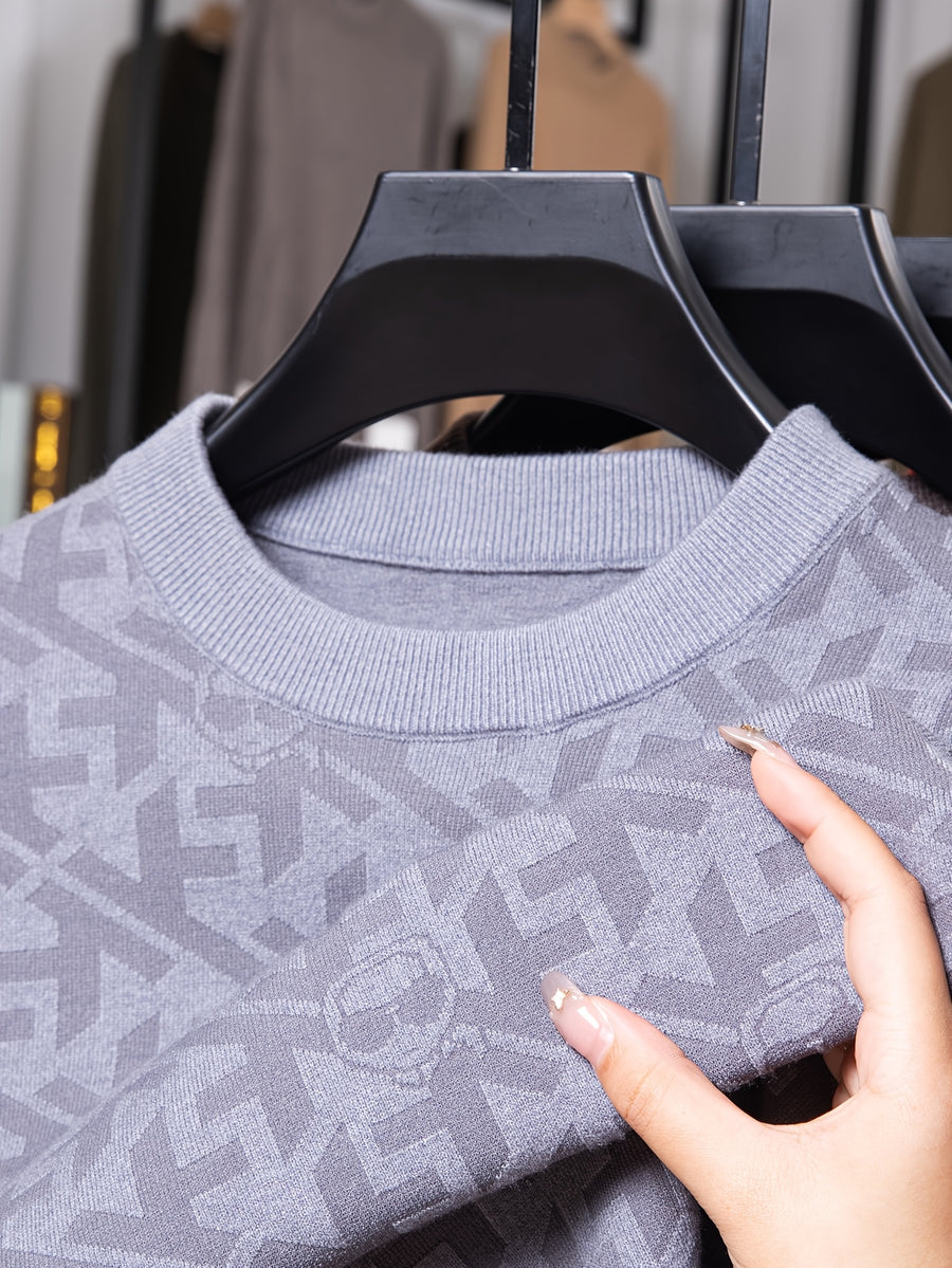 Men'S Round Neck Jacquard Sweater Spring Autumn Tight Thin Business Casual Knit Pullover Top - Grey