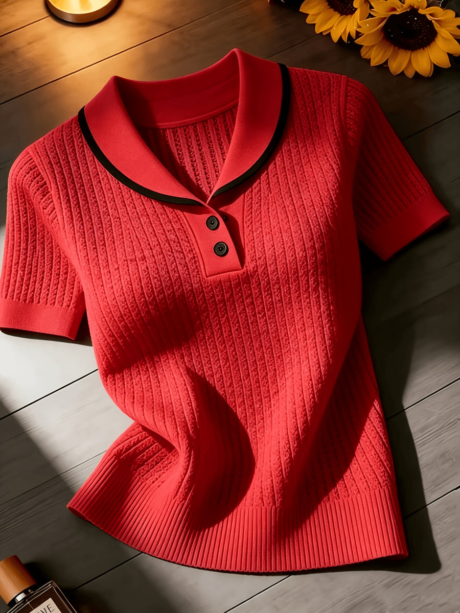 Women'S Summer Clothing Short Sleeve Solid Color Sweater, Lapel Hollow Out Design, Slim Fit Style Pullover, Spring Summer Season - Red