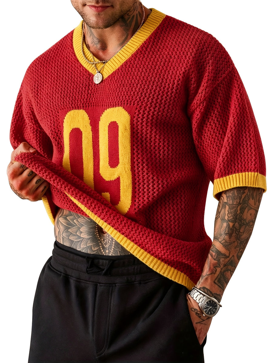 Spring Summer New Men'S Short Sleeve Hollow Loose Knit Pullover Top V-Neck Pullover Casual Outdoor Top - Burgundy