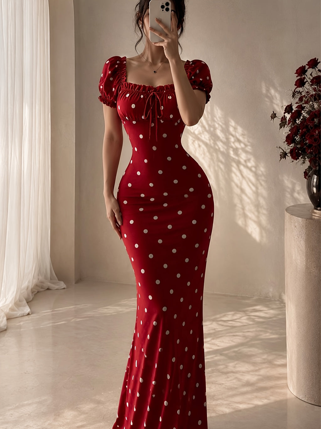 Women'S Elegant Polka Dot Square Neck Puff Sleeve Waist-Cinching Ruched Sexy -Lifting Dress Suitable for New Year'S Day Valentine'S Day Party Graduation Gift Wedding Date Evening Banquet Bridesmaid Dress - Mixed colors