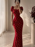 Women'S Elegant Polka Dot Square Neck Puff Sleeve Waist-Cinching Ruched Sexy -Lifting Dress Suitable for New Year'S Day Valentine'S Day Party Graduation Gift Wedding Date Evening Banquet Bridesmaid Dress - Mixed colors