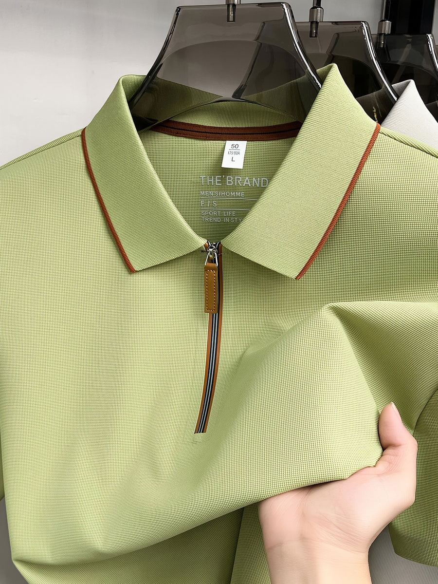 Men'S Zip-Up Polo Shirt, Summer Business Casual Contrast Collar Short Sleeve T-Shirt, Breathable Quick-Dry Commute Top, Men'S Athletic Polo Shirt, Summer Commute Men'S Clothing - Green