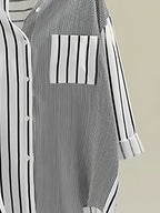 Women'S New Long Sleeve Classic Striped Shirt, Temperament Commute Casual All-Match Curved Hem Waistline Shaping - Black