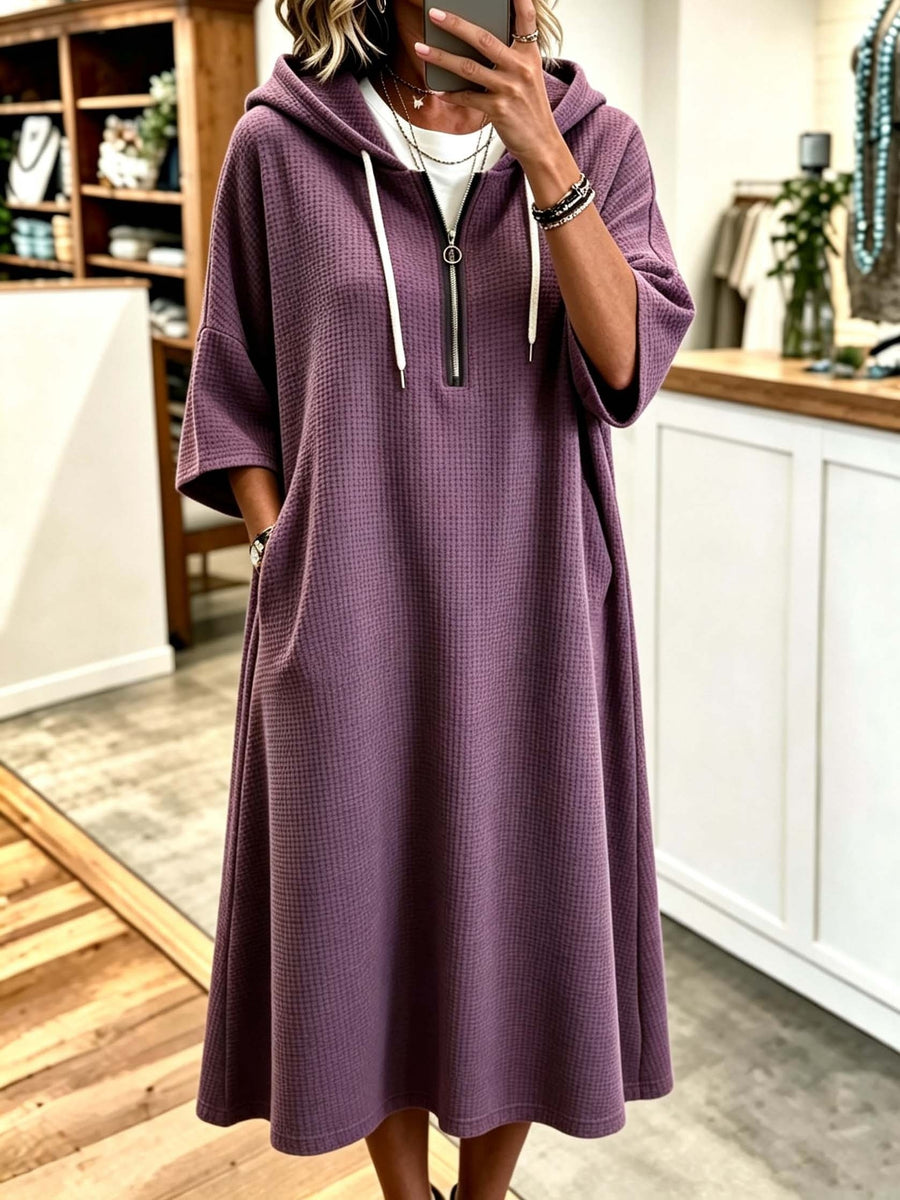 Plus Size - Spring Autumn New Waffle Half-Zip Hooded Sweatshirt Dress Women'S Loose Plus Size Three-Quarter Sleeve Drawstring Pocket Mid-Length Casual Style Solid Color Pullover Dress - Purple