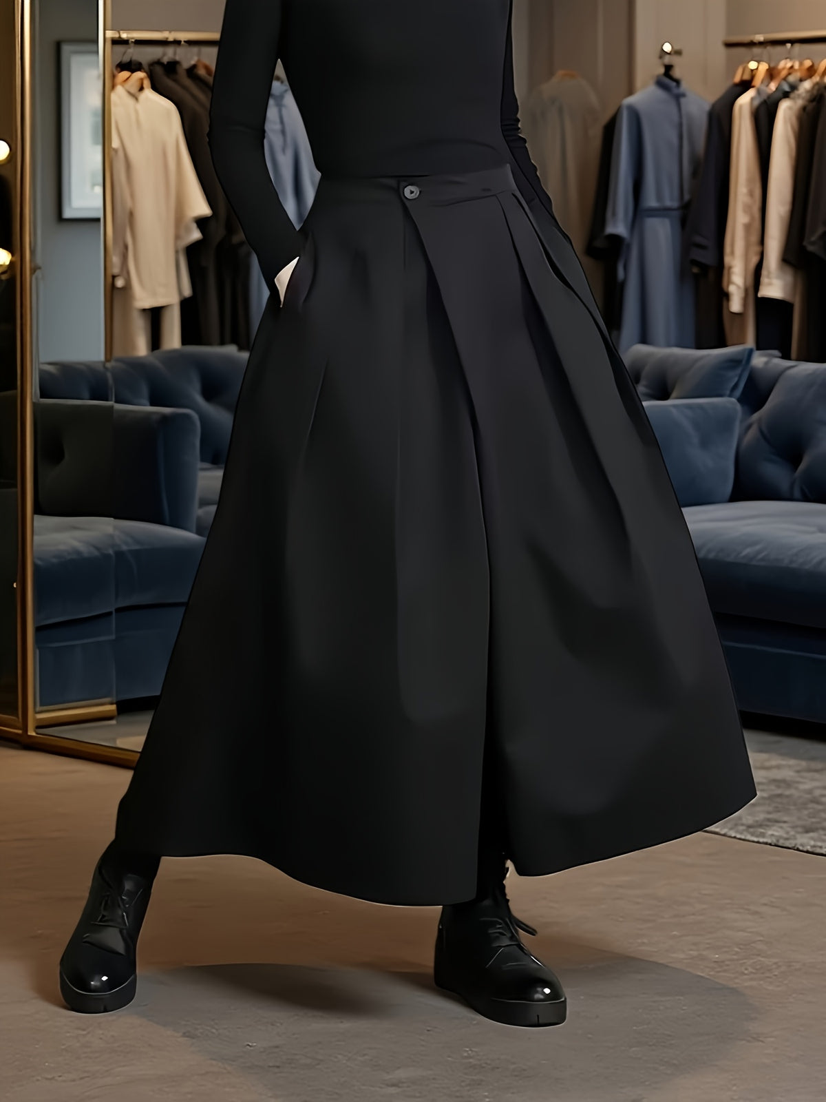 Women's Loose Ankle Pants, Fashion Elastic Waist Wide Leg Trousers - Black