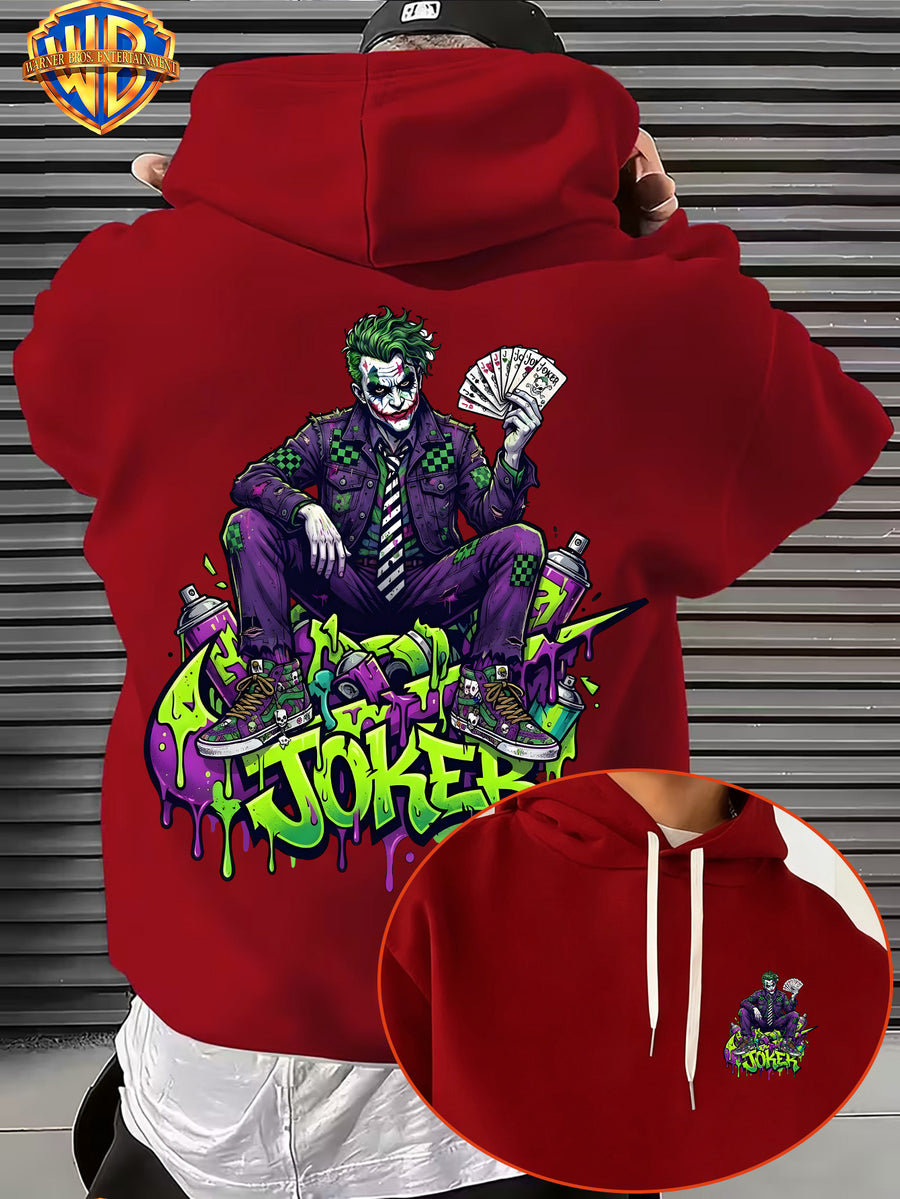 Warner Bros. JOKER Purple-Green Color Block Graffiti Art Font Spray-Painted Background Plaid Workwear Style Sneakers with Paint Drip Cool Print Men's Fashion Hooded Sweatshirt, Sleeve Print Design, Kangaroo Pocket, Drawstring Hood, Suitable for Daily - Red