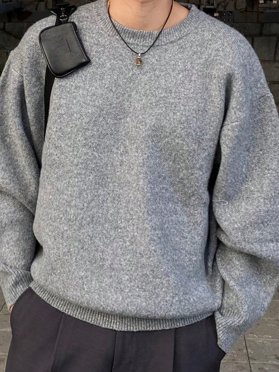 Solid Color Minimalist College Style Autumn/Winter Men's Basic Crew Neck Pullover Simple Base Layer Top for Outerwear, Casual Loose Fabric Top - Grey
