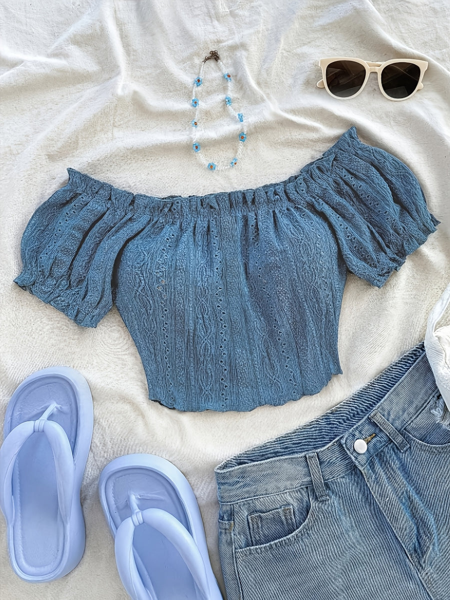 Women'S Bohemian Style Romantic Floral Vacation Style Floral Pattern Crop Off-Shoulder Top, Suitable for Daily Vacation Wear - Fog Blue