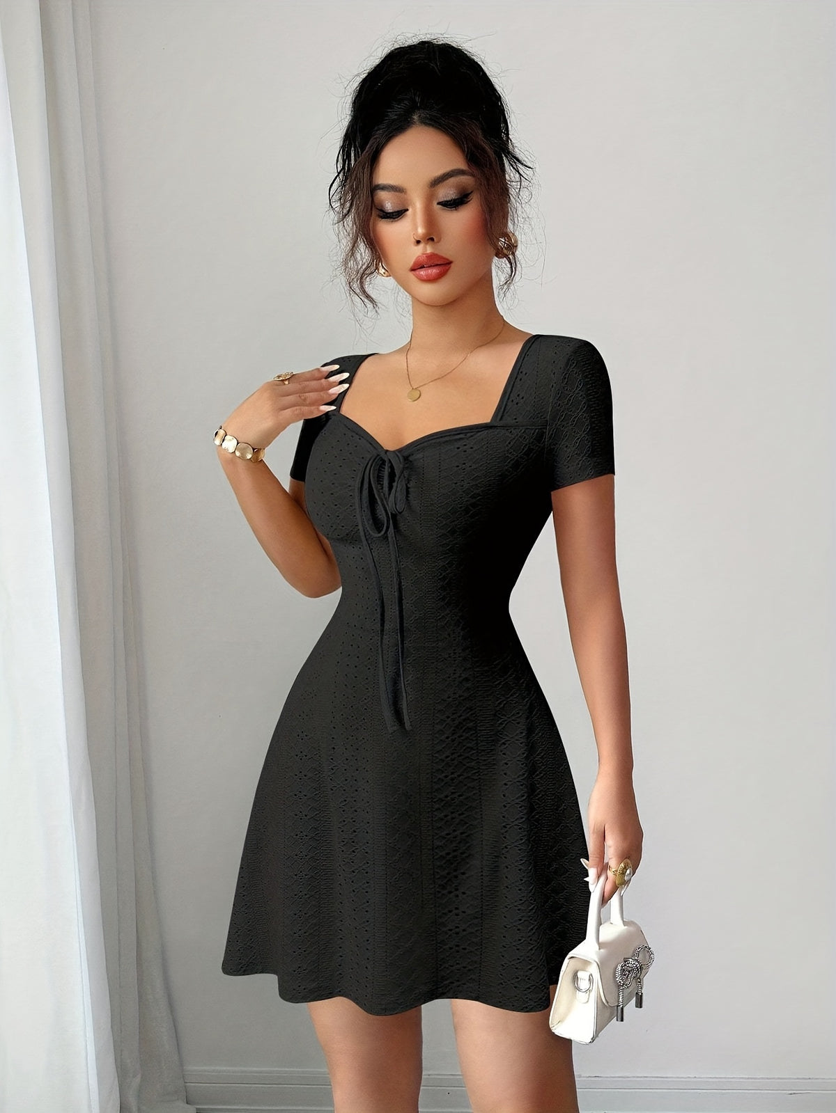 Women'S Summer Jacquard Sexy Slim Fit Mini Dress - Black