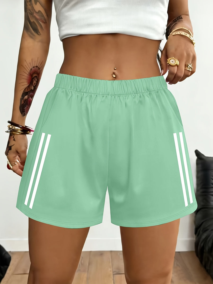 2026 Spring/Summer New Women'S Bottoms Minimalist Fashion White Striped Print Light Daily Home Leisure Comfortable Elastic Waist Shorts with Pockets on Both Sides - Viridity
