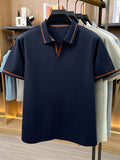 Men's Lapel Button- Polo Shirt, Summer Breathable T-Shirt, Men's Sport Top, Commuting Office / Weekend Casual / Golf, Tennis Top Dual-Wear T-Shirt - Navy Color