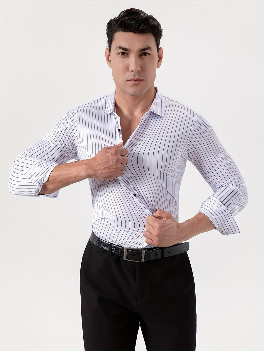 Seamless High-Elasticity Pressed Hem Wrinkle-Free Men's Long-Sleeve Striped Fashion Casual High-End Button-Up Cardigan Four-Way Stretch Men's Top, Fabric Weight 160g, Material 88% Polyester Fiber 12% Spandex - White Bars
