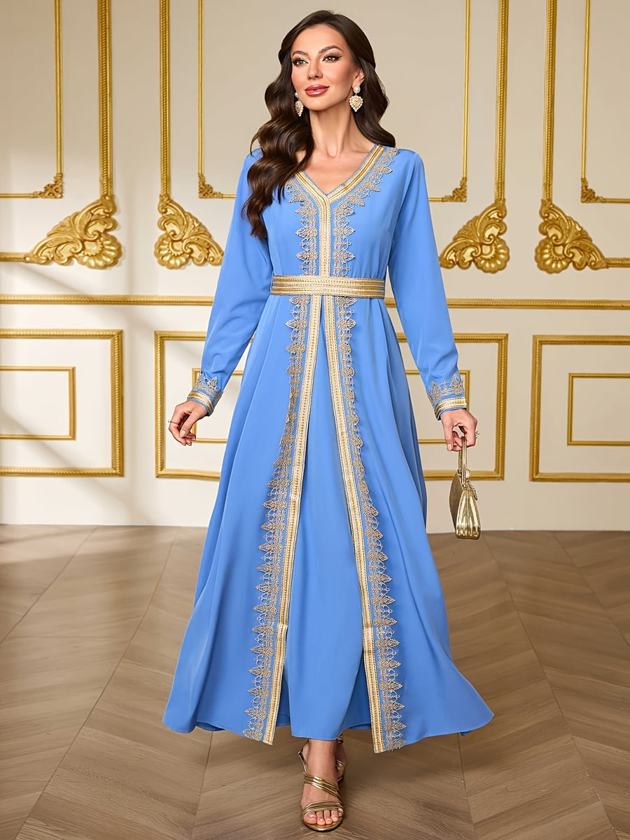 Ramadan Limited Edition Apparel, Vintage Black Base Gilded Embroidered Trim Robe, Lace-Up Waist Style Women'S Dress - Blue