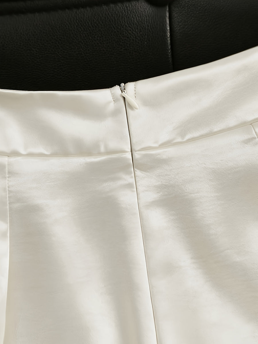 Women'S Fashion Commuter Satin Irregular Lace Bow Zipper Wide-Leg Long Pants - Beige Color