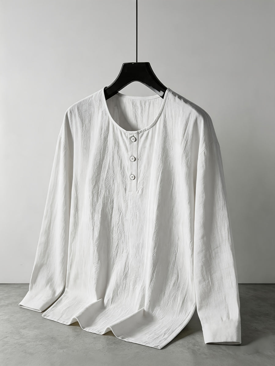 Spring/Summer Lightweight Cotton-Linen Henry Long-Sleeve Shirt for Men, Half-Open Placket Stand Collar Solid Color Top, Soft and Comfortable Casual Shirt for Daily Outings, Autumn Menswear - White