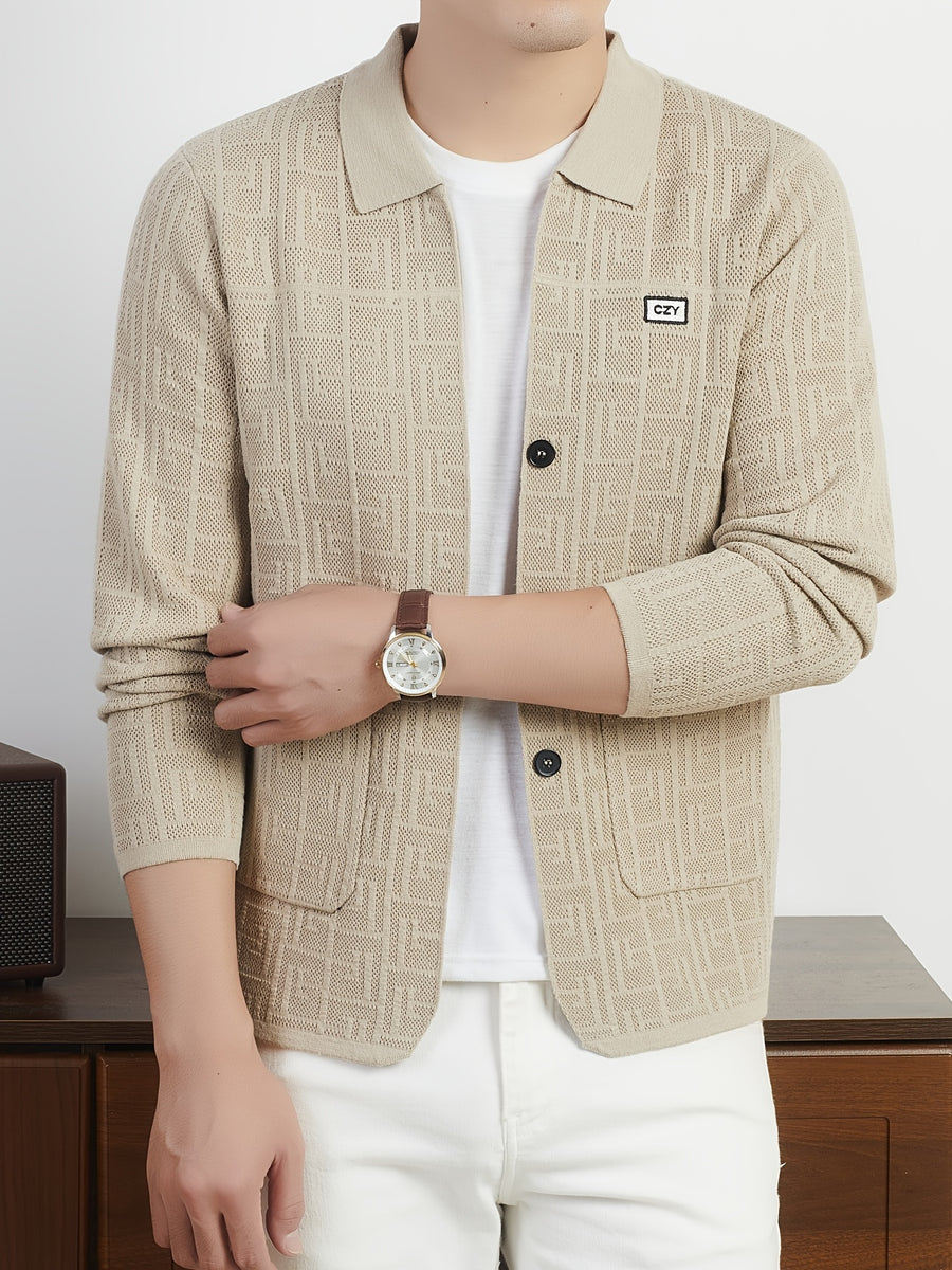 Du Jing Lan OBM Autumn/Winter New Arrival Men's Knit Cardigan, Old Money Style Solid Color Open Front Button-Up Lapel Long Sleeve Knit Cardigan, Men's Business Casual Fashion Open Front Knit Base Layer Top, Suitable for Layering in Spring - Khaki