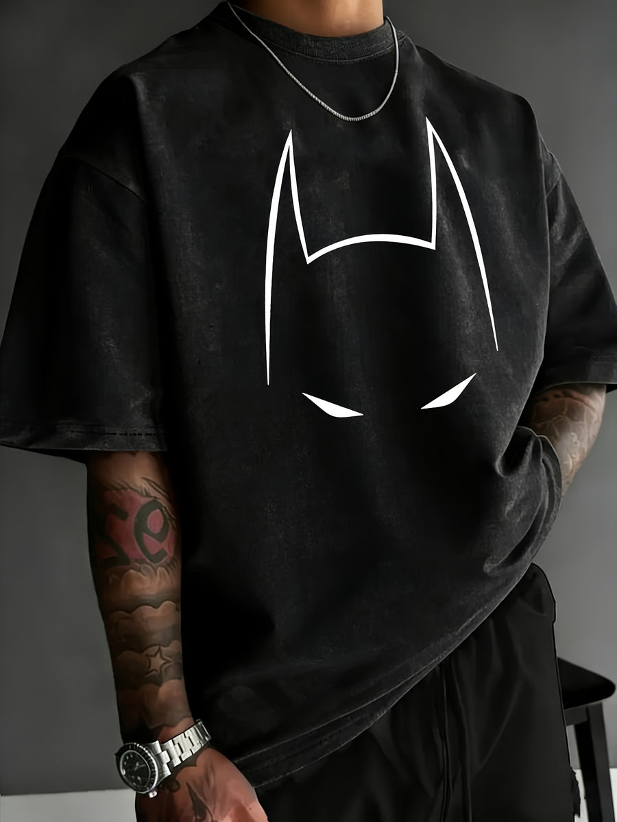 Licensed by WB Warner, Men's Old Cotton 100% Cotton Washed Crew Neck T-Shirt, Mask Contour Minimalist Graphic Design, Loose Version, Men's Casual Cotton Versatile Loose Summer Short Sleeve T-Shirt - Black 2