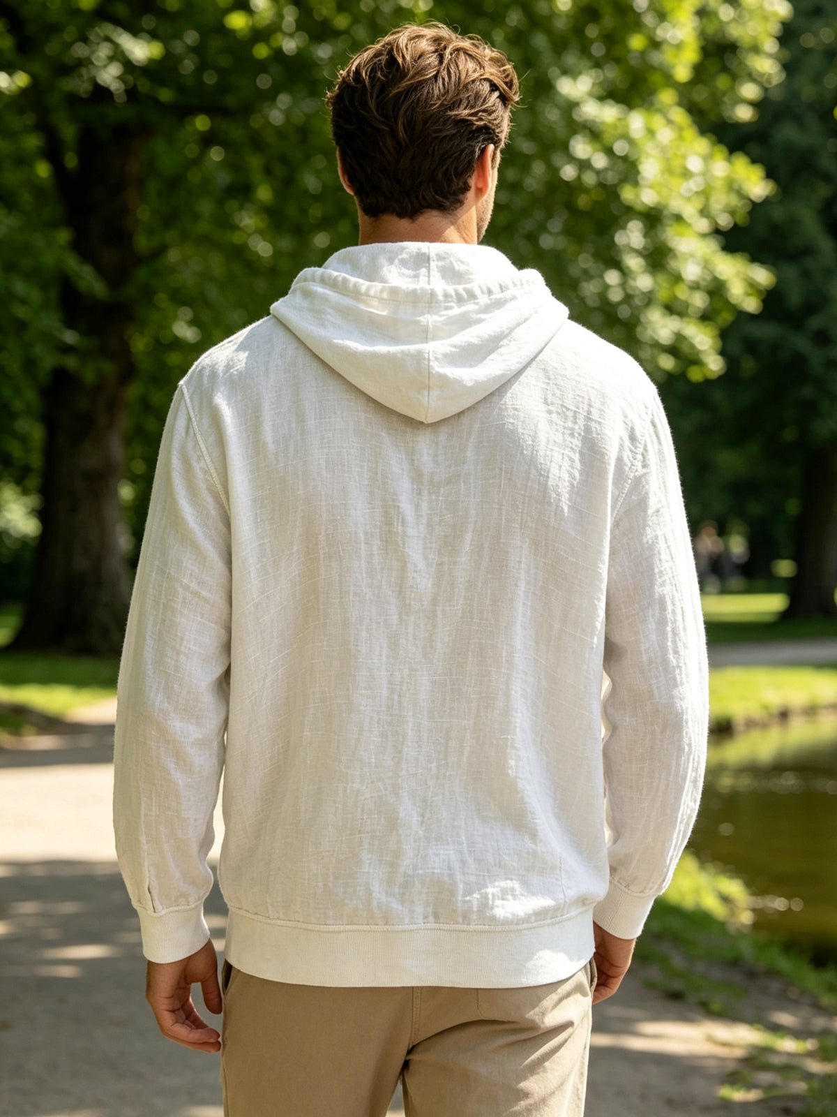 Spring And Autumn Men'S Casual Hooded Shirt, Long Sleeve Shirt, Solid Color Minimalist, Trendy And Versatile, Lightweight And Breathable, Suitable for Beach Vacation, Travel, And Daily Wear - White