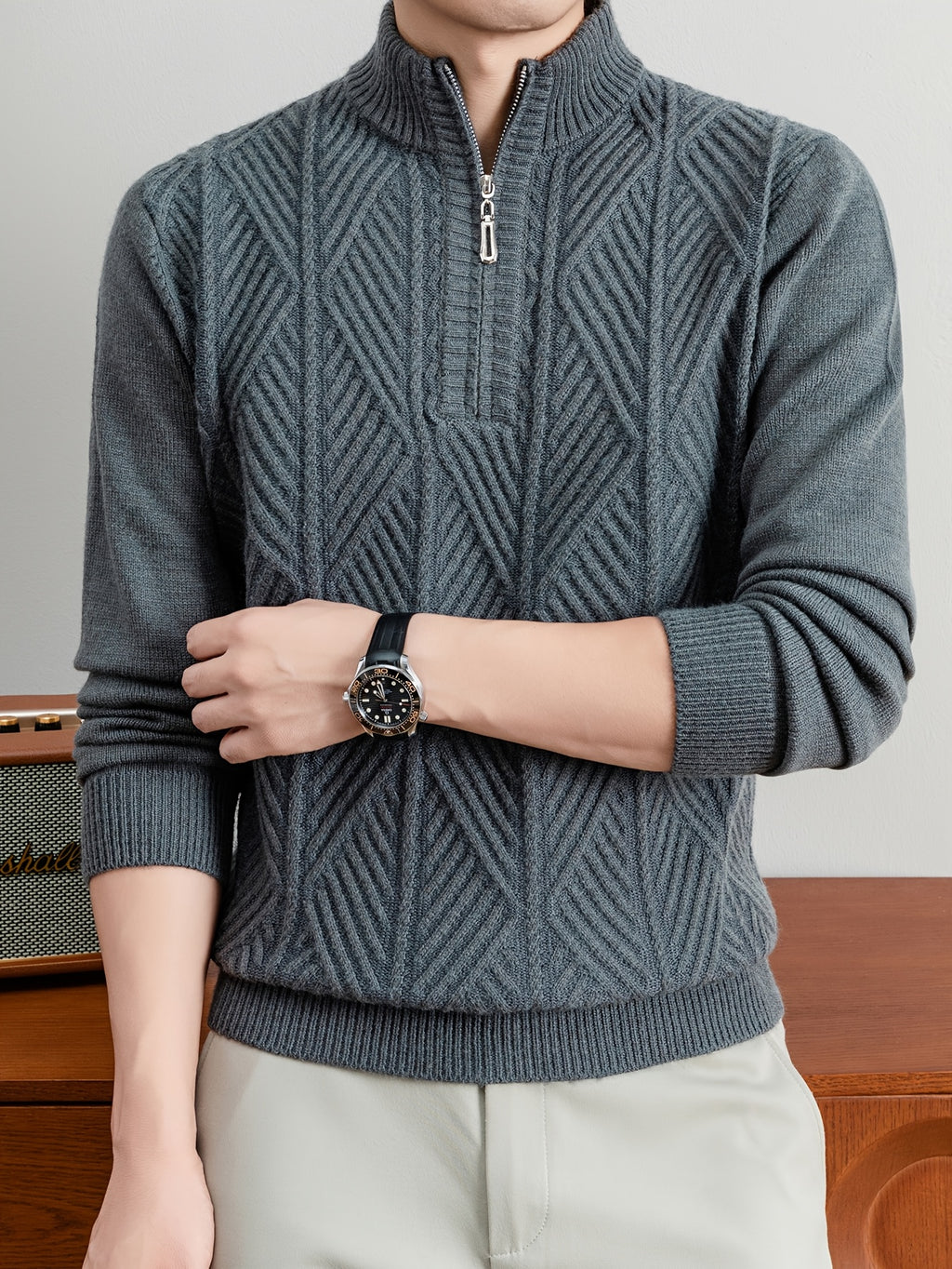 Men's Half-Zip Stand Collar Sweater with Zippered Panel & Striped Jacquard Knit - Warm Winter Pullover, Stretchable Stand Collar Suitable for Casual Office Wear, Layering Top, Hand Washable Regular Fit Blazer Compatible - Blue Grey