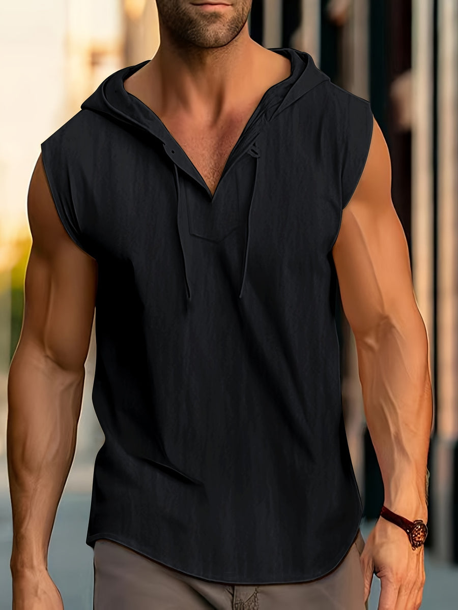 Men'S Solid Color Sleeveless Fashion Sports Hooded Top - Black