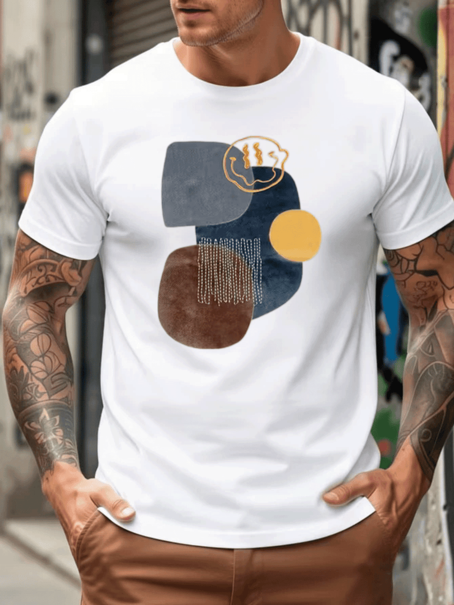 Geometric Print Color-Block Easy Creative Men'S Adult T-Shirt. Suitable for Various Outdoor Sports And Travel. Ideal for Holiday Gatherings. Yellow Gray Blue Contrast Design Comfortable Breathable Fabric Showcasing Unique Urban Fashion Trendy Style - White