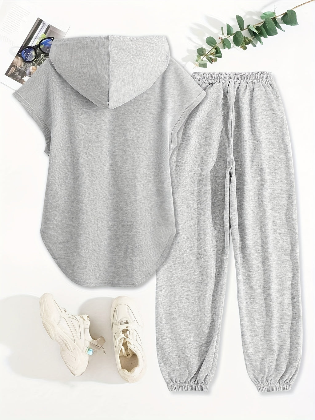 Women'S Two-Piece Drawstring Sleeveless Hooded Top And Summer Letter Print Pants, Elastic Waist Casual Pants, Pants Set - Grey