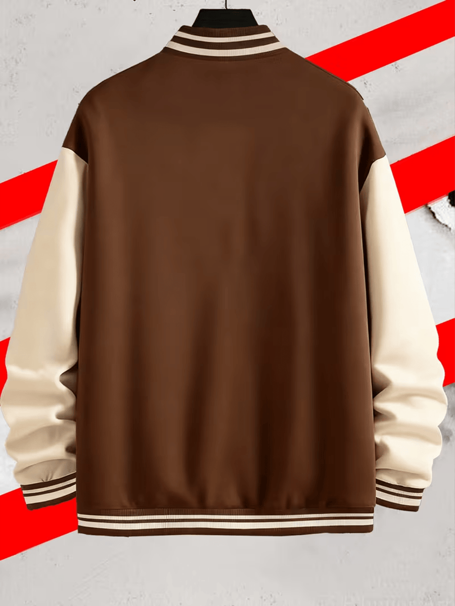 Heavy Fabric American Baseball Jacket, Durable And Non-Deforming, American Retro Street Style 1990 Large A Letter Coat - Coffee Color