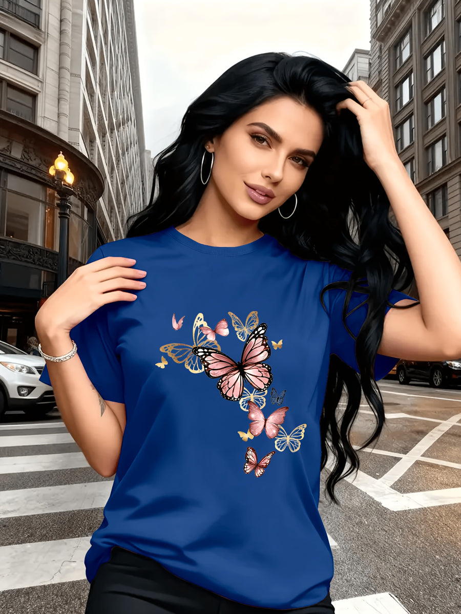 Watercolor Style Butterfly Pattern Print, Fashion Breathable T-Shirt, Family Travel, Campus, Casual, Daily Commute, Sisters' Matching Outfit, Versatile T-Shirt - Blue 1