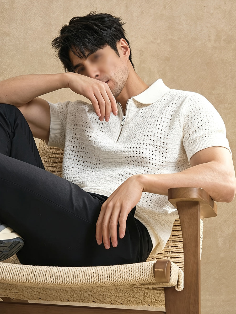 Men'S Knit Sweater in Stock Summer Premium Style New Short Sleeve Top Old Money Style Men'S Trendy Brand Lapel Hollow Sexy Knit Sweater Top in Stock - White