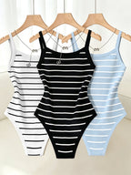 3pcs Women's Elegant Boat Neck Striped Print Camisole Bodysuit, Backless Bodycon Jumpsuit - Black+blue+white
