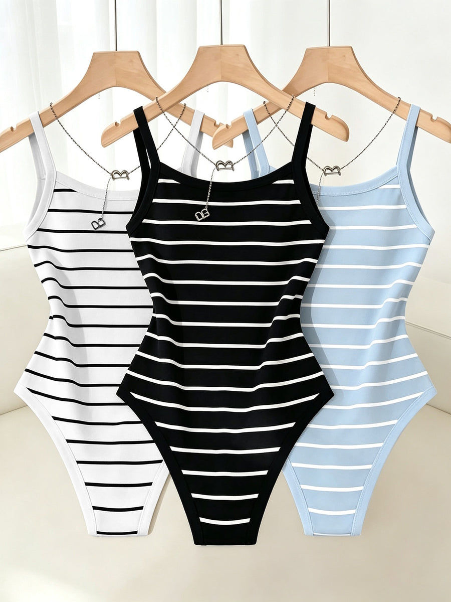 3pcs Women'S Elegant Boat Neck Striped Printed Cami Bodysuit, Backless Tight Bodysuit - Black+blue+white