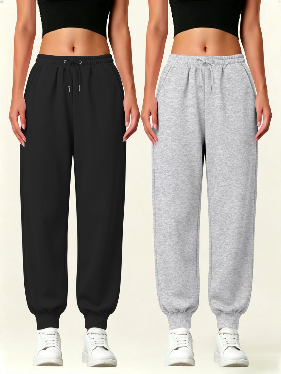 2pcs Set Autumn-Winter Women's Casual Pants with Pockets - Black+gray