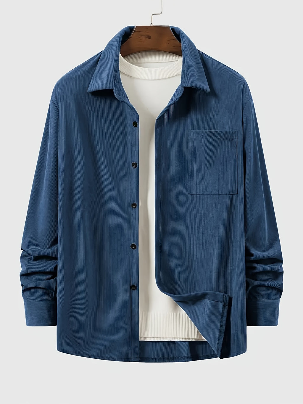 New Solid Color Spring/Autumn Men's Fashion Casual Corduroy Jacket, Lapel Single-Breasted Button Cardigan Style with Chest Pocket, Loose Fit, Can Be Worn as an Inner or Outer Layer - Blue