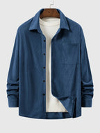New Solid Color Spring/Autumn Men's Fashion Casual Corduroy Jacket, Lapel Single-Breasted Button Cardigan Style with Chest Pocket, Loose Fit, Can Be Worn as an Inner or Outer Layer - Blue
