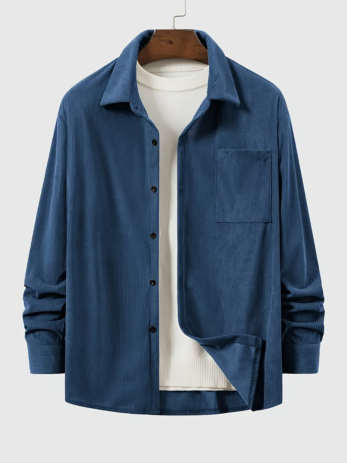 New Solid Color Spring/Autumn Men's Fashion Casual Corduroy Jacket, Lapel Single-Breasted Button Cardigan Style with Chest Pocket, Loose Fit, Can Be Worn as an Inner or Outer Layer - Blue