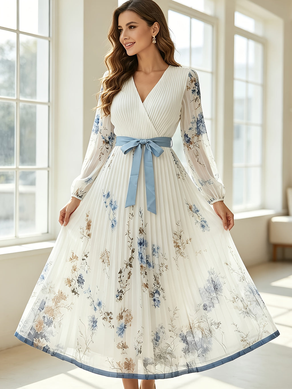 Western All-Season Fashion Premium Sense Floral Women'S Pleated Dress 1pc, Casual Street Date Trendy Sexy Cute Clothing Item - White