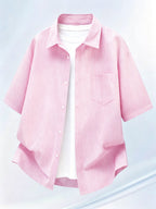 Summer Thin Fashion New Easy Fun Cartoon Back Print Lapel Short Sleeve Striped Loose Casual Shirt - Pink Color