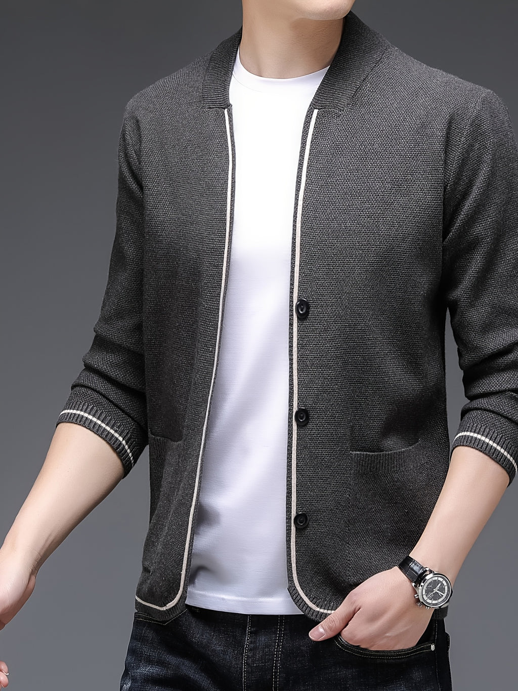 Spring/Autumn Men'S V-Neck Sweater, Business Style Office Wear Slimming Versatile Top, Knit - Grey