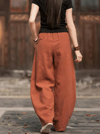 Summer Women'S Harem Pants Elastic Waist Lightweight Fabric All-Season And Wide-Leg Pants Solid Color Casual Trousers - Brick Red